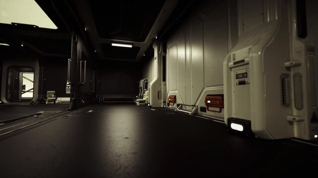 Abandoned service deck showing scattered crates and dusty equipment, dim overhead lights cast long shadows, sense of neglect and slow decay in industrial