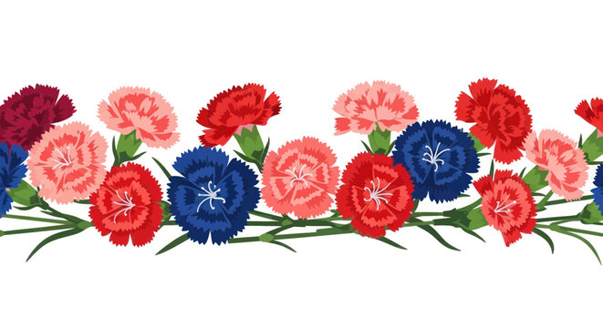 Embroidered Carnation Border - Red, Pink, and Blue Flowers