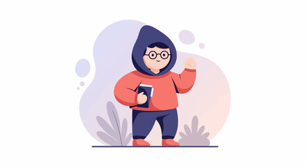 Obraz premium Cheerful person in hoodie holding book and waving with friendly, cartoonish style and simple plants