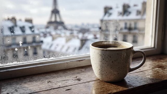 Steaming coffee cup on a window sill overlooking Paris in winter. looping video animation time-lapse