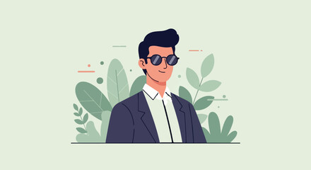 Obraz premium Stylish man in sunglasses and suit, with abstract foliage and circles