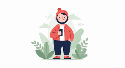 A stylized, bearded person in a beanie and coral jacket holds a phone
