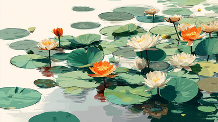 A flat illustration featuring orange, yellow, and white lotus flowers among green lily pads, showcasing a clean, minimalist aesthetic with bold color blocks and soft reflections.