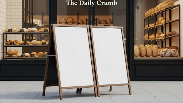Blank sandwich board signage with bakery background for advertising or design