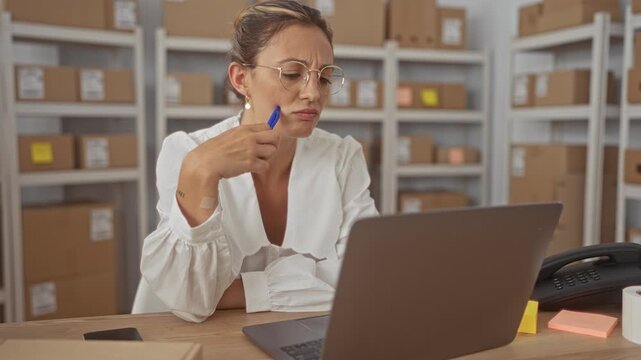 Woman holding pen to cheek while studying laptop amid parcel boxes on shelves in a storage building; small business planning focus.
