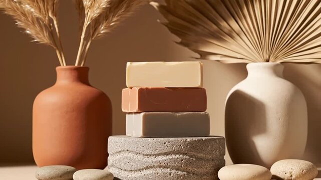 Natural soaps stacked in vases.