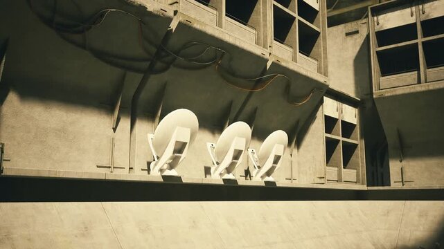 White curved seats on concrete ledge, dust coated surfaces, strong diagonal shadow cutting across rows, warm late afternoon light, peeling paint and textured
