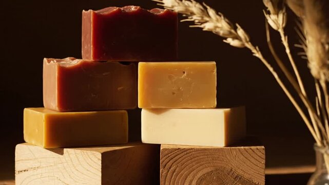 Natural soaps stacked on wood.