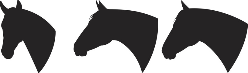 Horse head silhouette collection with different equine profiles, black animal vector set isolated on white background for logo design, farm branding and wildlife illustration