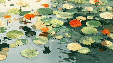 A flat illustration featuring orange, yellow, and white lotus flowers among green lily pads, showcasing a clean, minimalist aesthetic with bold color blocks and soft reflections.