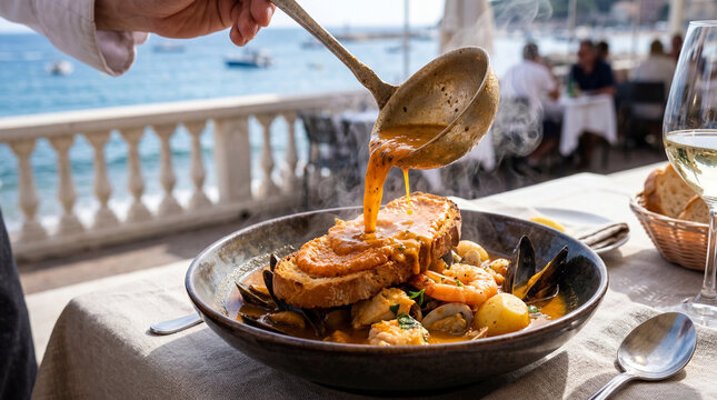 Chef pouring hot bouillabaisse soup over toasted garlic bread with rouille sauce