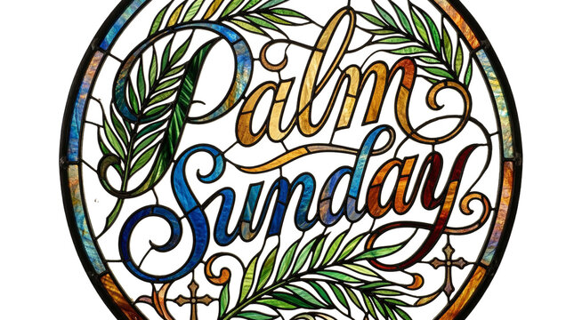 Circular stained glass window design containing the text Palm Sunday for religious Christian church graphics, holy week celebrations and spiritual art on a transparent background.
