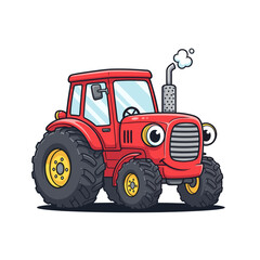 Obraz premium Cheerful red cartoon tractor with a happy face and smoking exhaust pipe