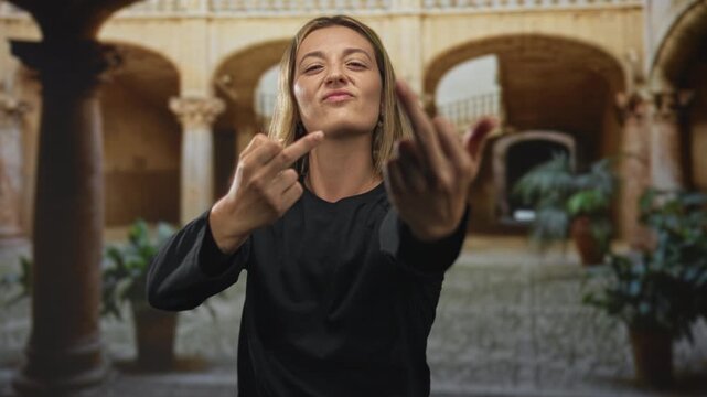 Young blonde woman shows middle fingers with scowl toward viewer in old building courtyard under stone arches; urban defiance.