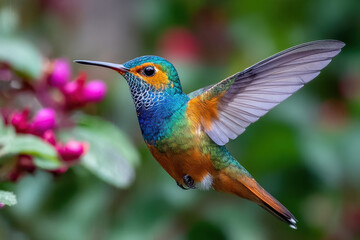 Fototapeta premium Hummingbird in Flight Near Pink Flowers