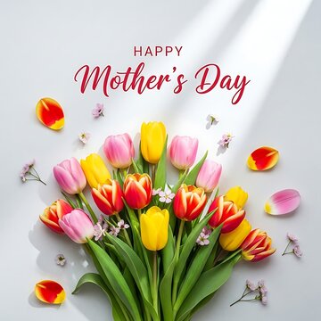 Happy Mother's Day Greeting with Vibrant Spring Tulip Bouquet on White Background