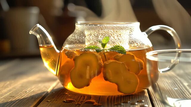 Transparent teapot with herbal infusion and fresh herbs on wooden surface