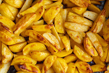 A close-up of rustic, seasoned potatoes baked in the oven. A home-cooked meal with carbs.