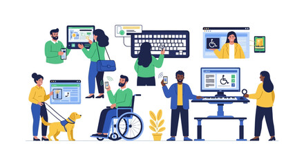 Diverse Individuals Engaging with Digital Technology Featuring Accessibility Tools and Inclusive Design for Users with Disabilities