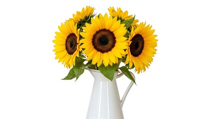 Obraz premium Lush sunflowers featuring bright petals and dark centers in a white pitcher, isolated for versatile seasonal marketing use.