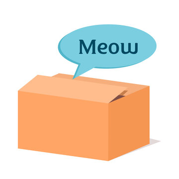 Educational vector illustration of Schrodinger's cat box with a meow speech bubble