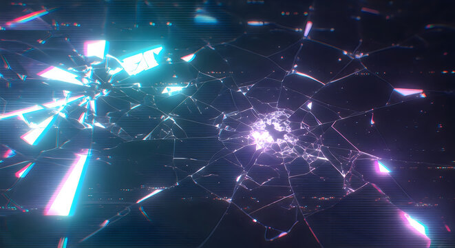 Abstract shattered glass effect with neon blue and purple light streaks, glitch art, representing digital breakdown or futuristic technology, computer graphics