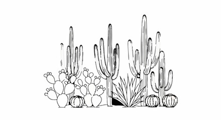 Hand-drawn desert flora with saguaros, prickly pear, and agave