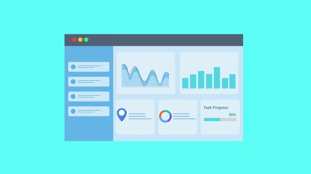 Animated flat dashboard interface displaying charts, graphs, and data panels with location pin icon in a browser window. Concept of data analytics, tracking, business monitoring, and digital technolog