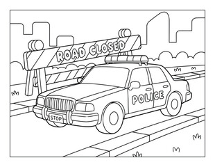 Police patrol car blocking street with road closed barricade in city line art scene © Crafter