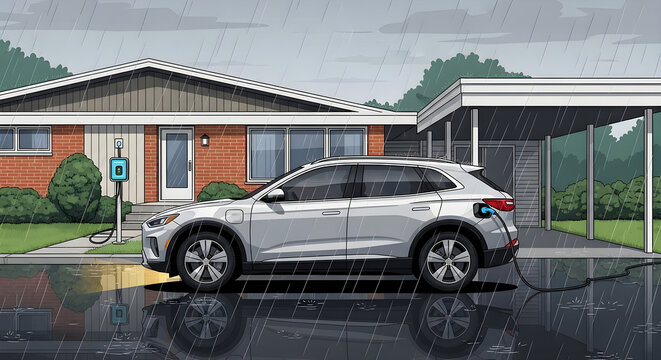 Electric SUV Charging at Home in Suburban Rain, Sustainable Future