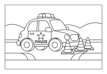 Police car parked near traffic cones on road in outline coloring page illustration style © Crafter