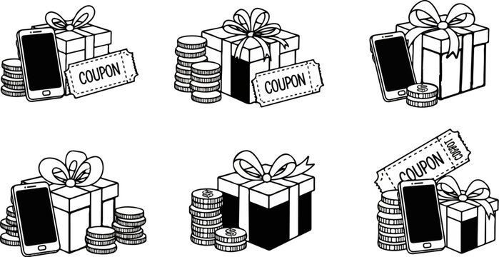 Gifts, coins, mobile phones, and coupons arranged in various compositions