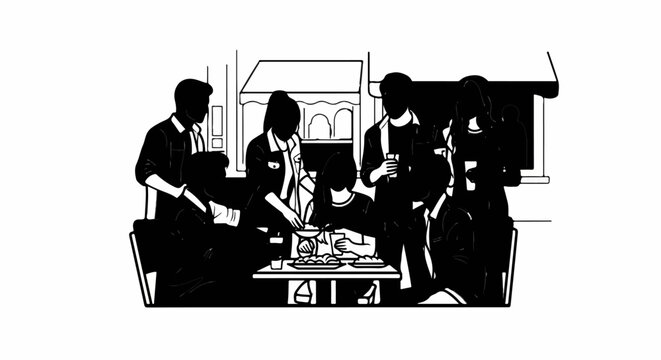 Friends gathering for a meal outdoors, enjoying food and drinks