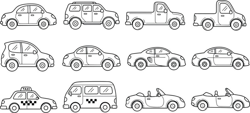 Collection of different car types line art vector set including sedan, pickup, taxi, van and convertible vehicles isolated outline illustration