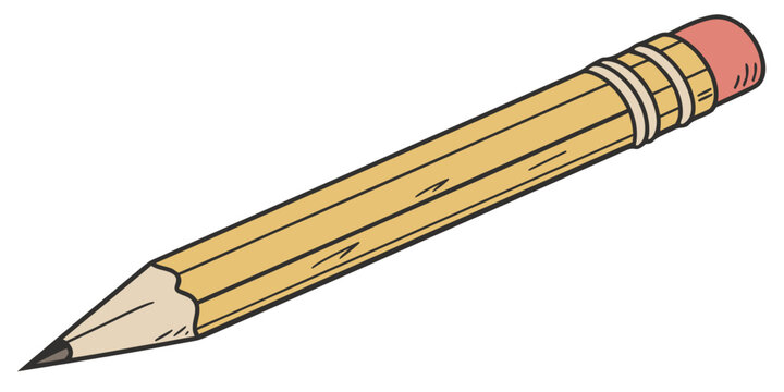 Cartoon yellow pencil with pink eraser and white background