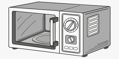 Obraz premium Gray microwave oven with dial and buttons kitchen appliance