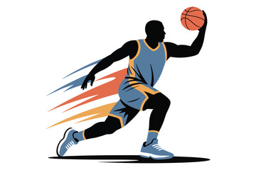 Naklejka premium Silhouette of basketball player dribbling ball while running forward with speed lines