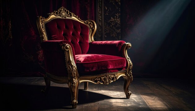 An Ornate Gilded Armchair with Deep Crimson Velvet Upholstery in a Dramatic Interior Setting