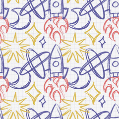 Space seamless pattern on grid paper. Hand drawn rough pencil sketch with rocket, planet, star and moon. Messy doodle scribble background texture for kids wallpaper, school notebook and wrapping.