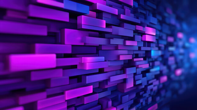 Abstract digital glitch background with vibrant purple and blue 3D rectangular blocks creating futuristic and dynamic visual effect with minimal style and depth