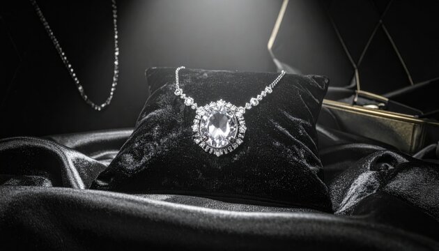 A striking velvet choker necklace featuring a large central gemstone and smaller diamond accents rests elegantly on a dark velvet pillow
