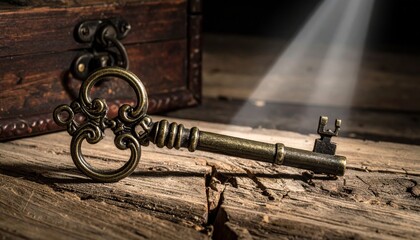 An Ornate Antique Brass Key Lies Open on a Rustic Wooden Surface Near a Treasure Chest