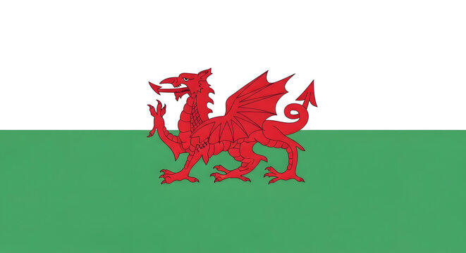 Illustration of the national flag of Wales featuring the iconic red Welsh dragon on a white and green background