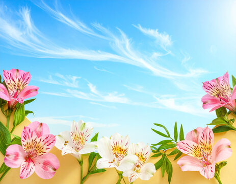 spring flowers frame. botanical flatlay border of alstroemeria lily like flowers on blue sky background
