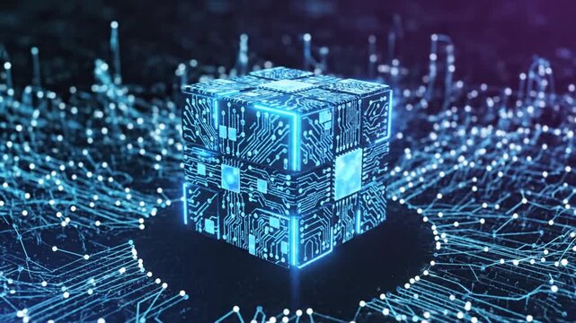 A 3D cube with glowing blue lines and nodes on its surface sits on a dark background surrounded by a network of sparkling blue lines and nodes