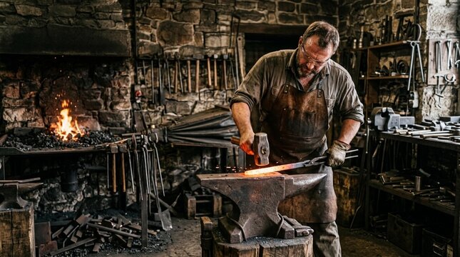 Blacksmith shaping glowing metal on an anvil inside a rustic workshop with stone walls, tools hanging on the background, and a roaring forge visible