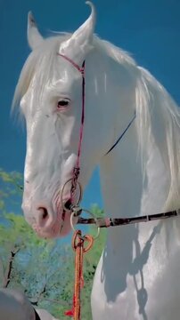 Portrait of a majestic white Marwari horse with curved ears
