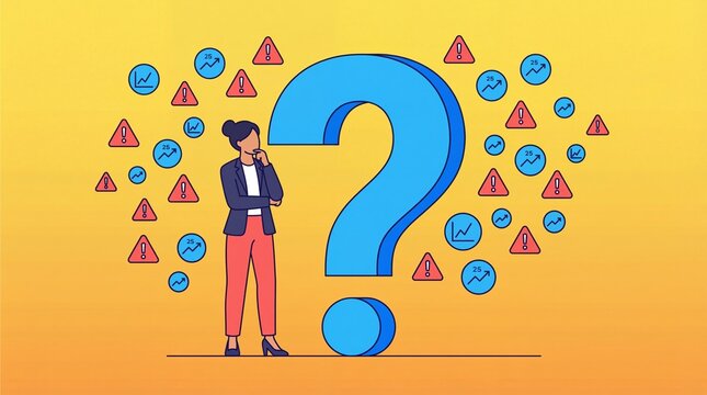 caucasian businesswoman near giant question mark thinking. red warning signs and blue growth charts floating around. business strategy, risk assessment concept. banner, website header with copyspace.