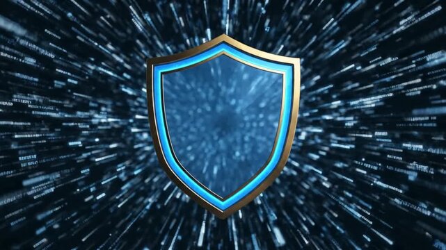 A blue shield with a gold outline surrounded by streaks of light on a dark background, conveying a sense of protection and security.