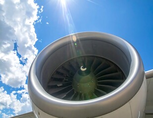 Airplane Engine Against a Blue Sky with Clouds and Sun.
